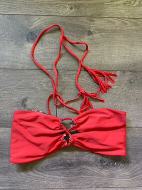 acacia swimwear Red Bandeau Bikini Top with Tassel Straps